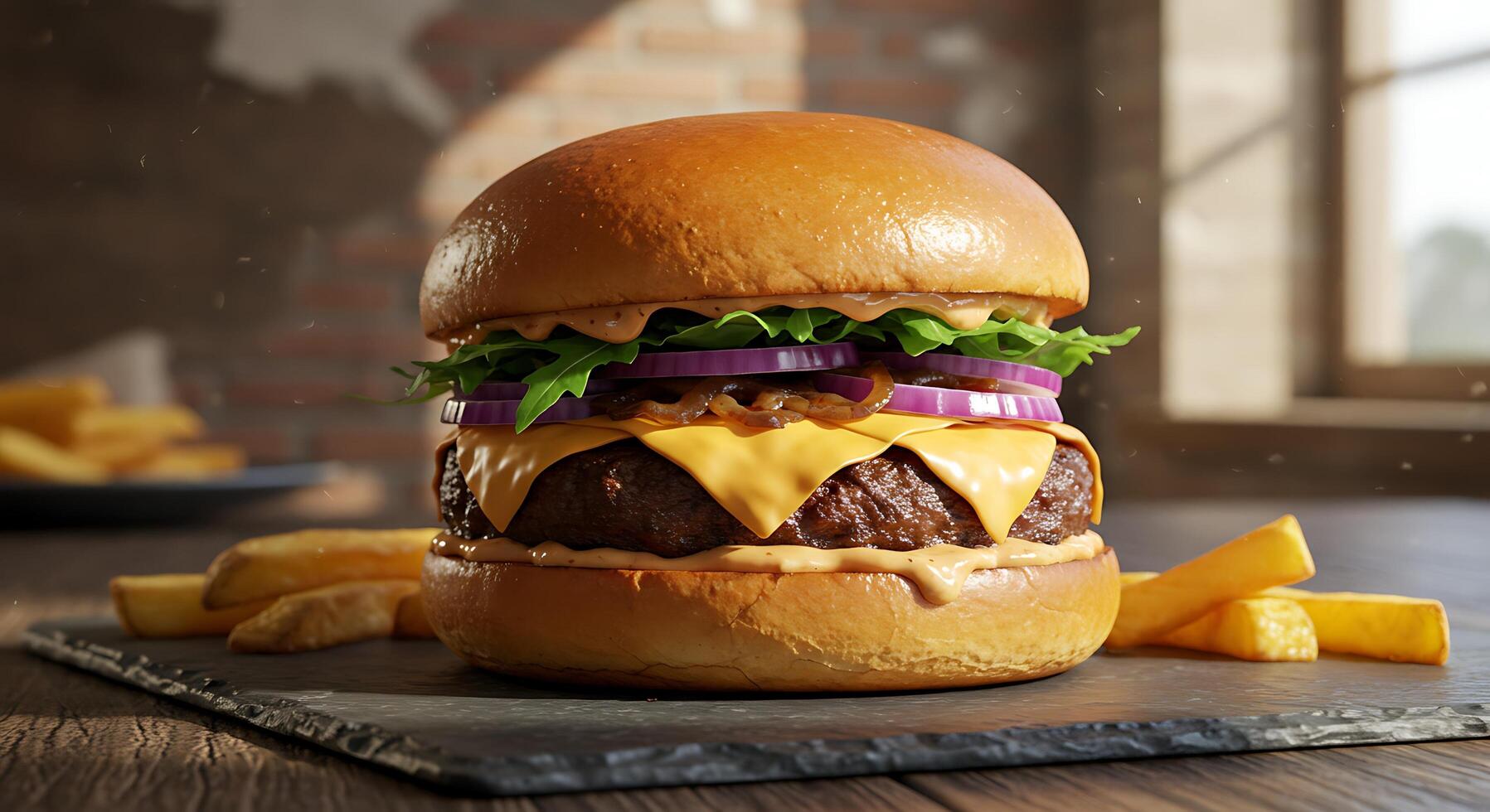 Elegant Burger Capture with a Side of Crispy Fries photo