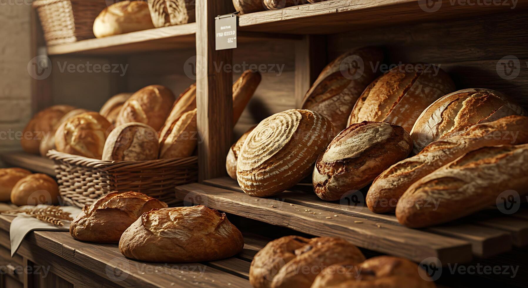 Photorealistic Bread Display in Rustic Wooden Bakery Setting photo