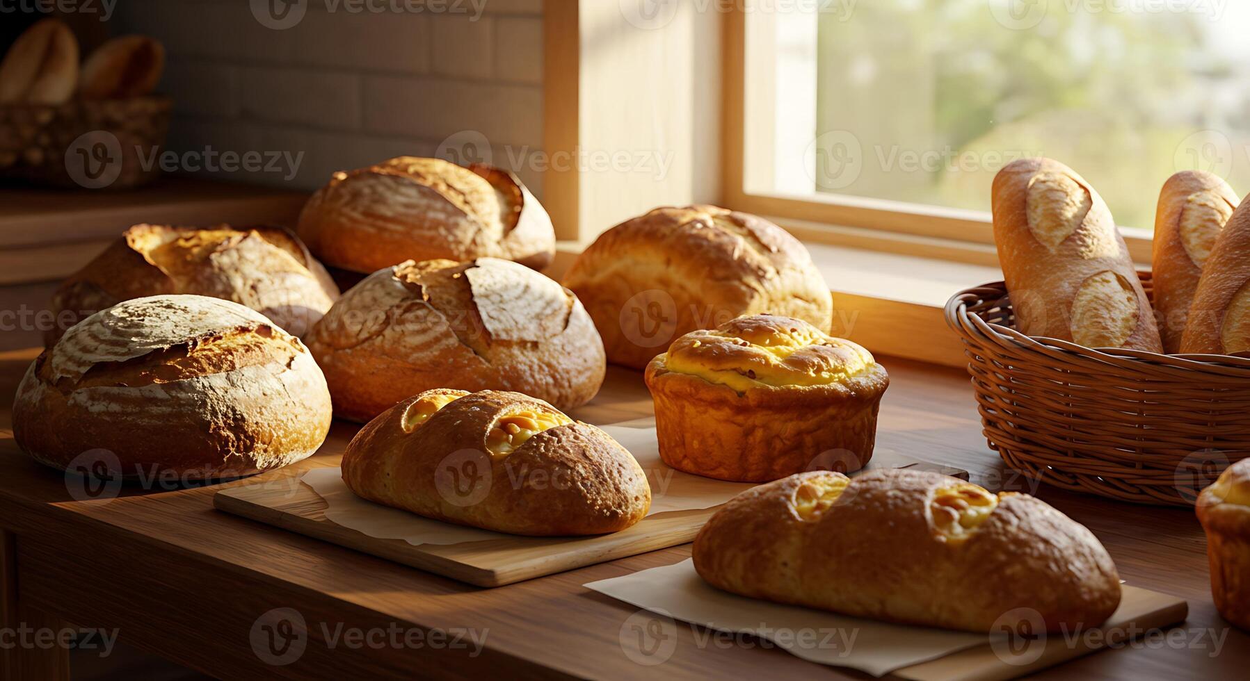 Authentic Bakery Display of Artisan Bread in Morning Light photo