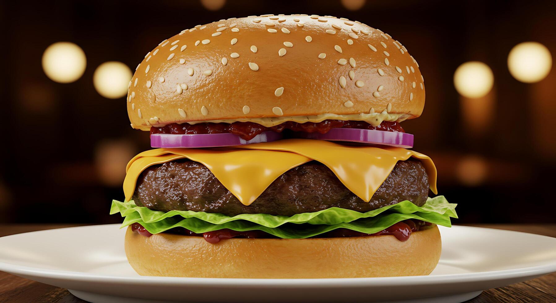 Restaurant-Style Burger Display with Toppings and Sizzling Freshness photo