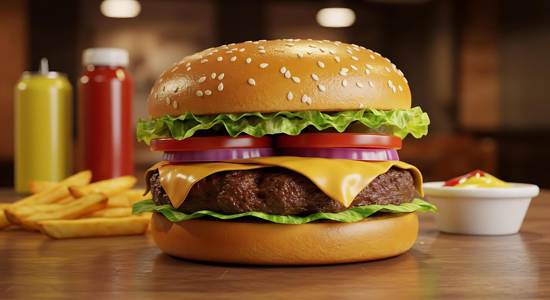 Melted Cheese Dripping from Burger in Perfect Restaurant Lighting photo