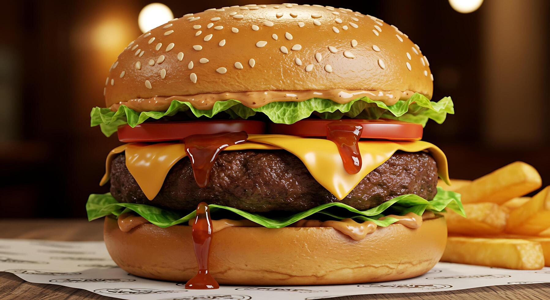 Juicy Cheeseburger Captured in Stunning Photorealistic Restaurant Setting photo
