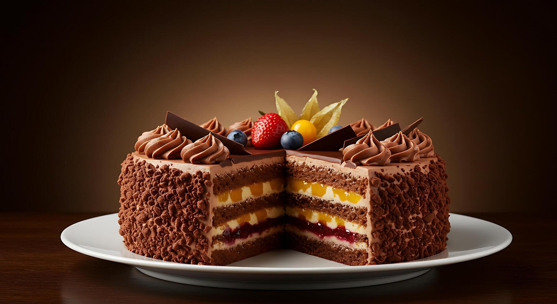 Photorealistic Chocolate Layer Cake with Glossy Topping photo