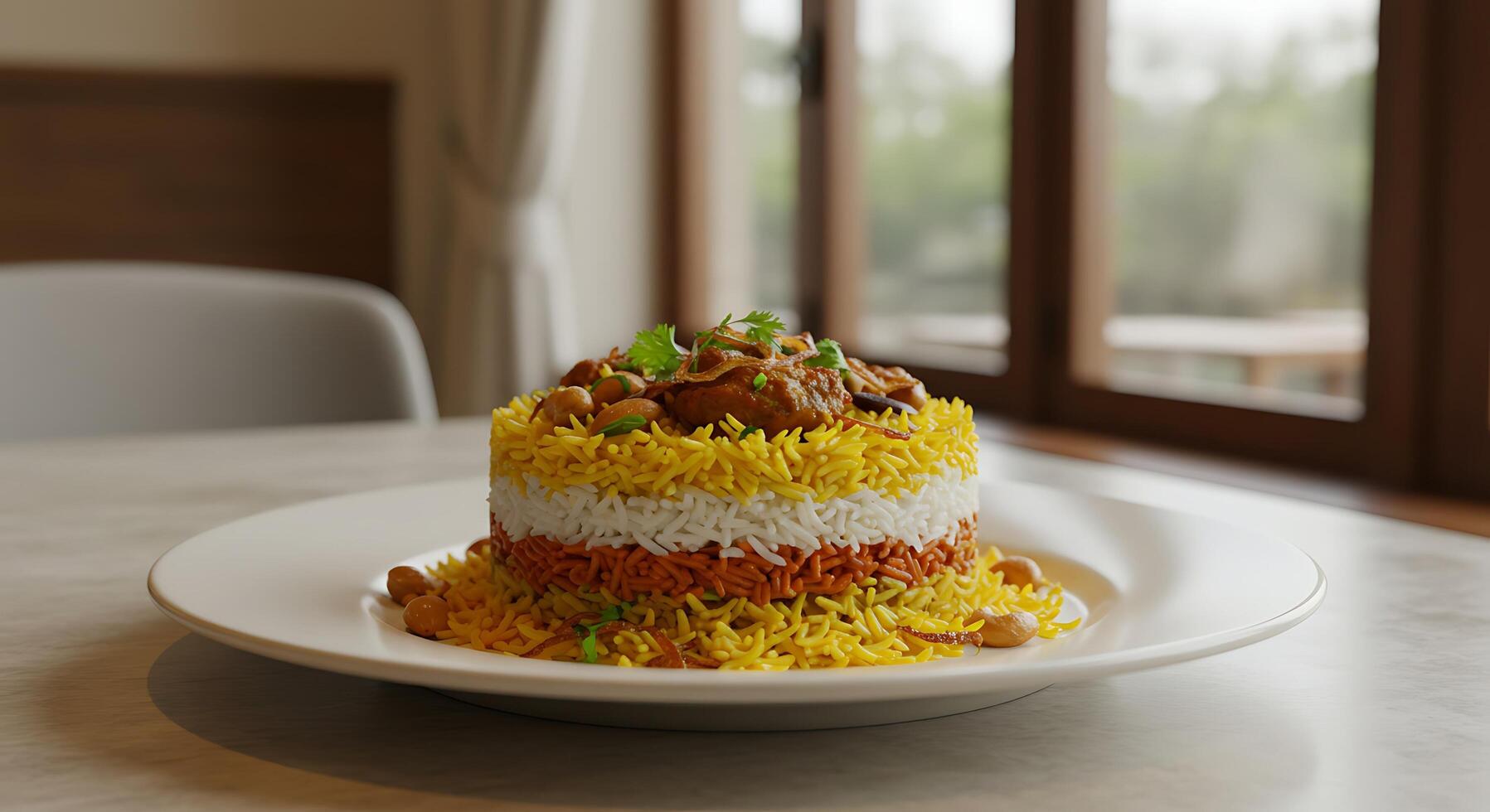 Restaurant-Style Elegant Biryani with Soft Natural Light Accent photo