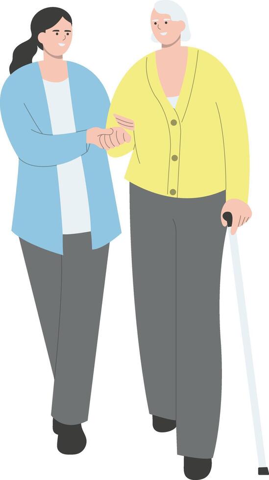 Young Volunteers Care for Elderly People in Flat Design. vector