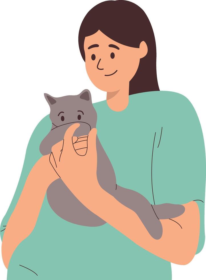 Illustration of Person with Pet Cat, Isoalted on White Background. vector