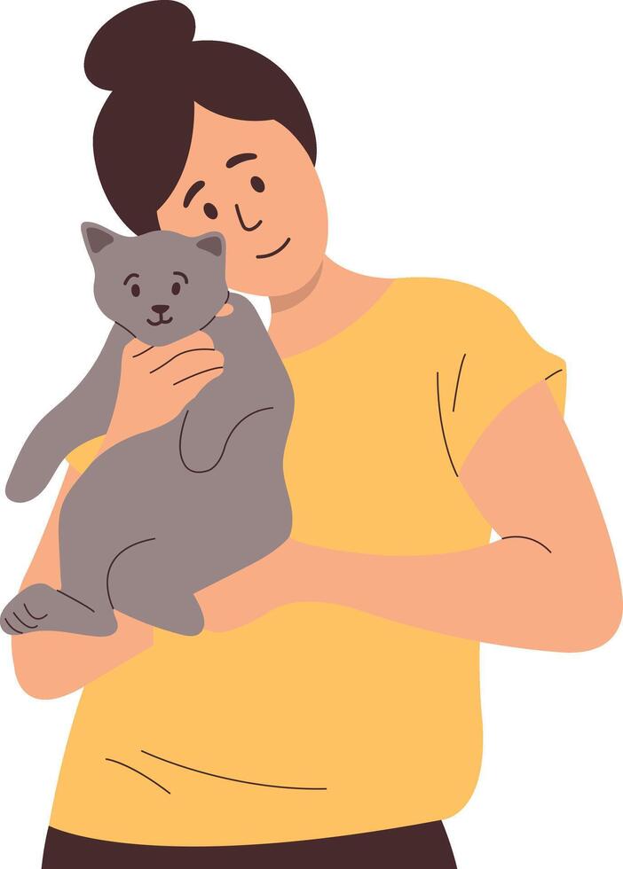Illustration of Person and Pet Cat, Isolated on White Background. vector