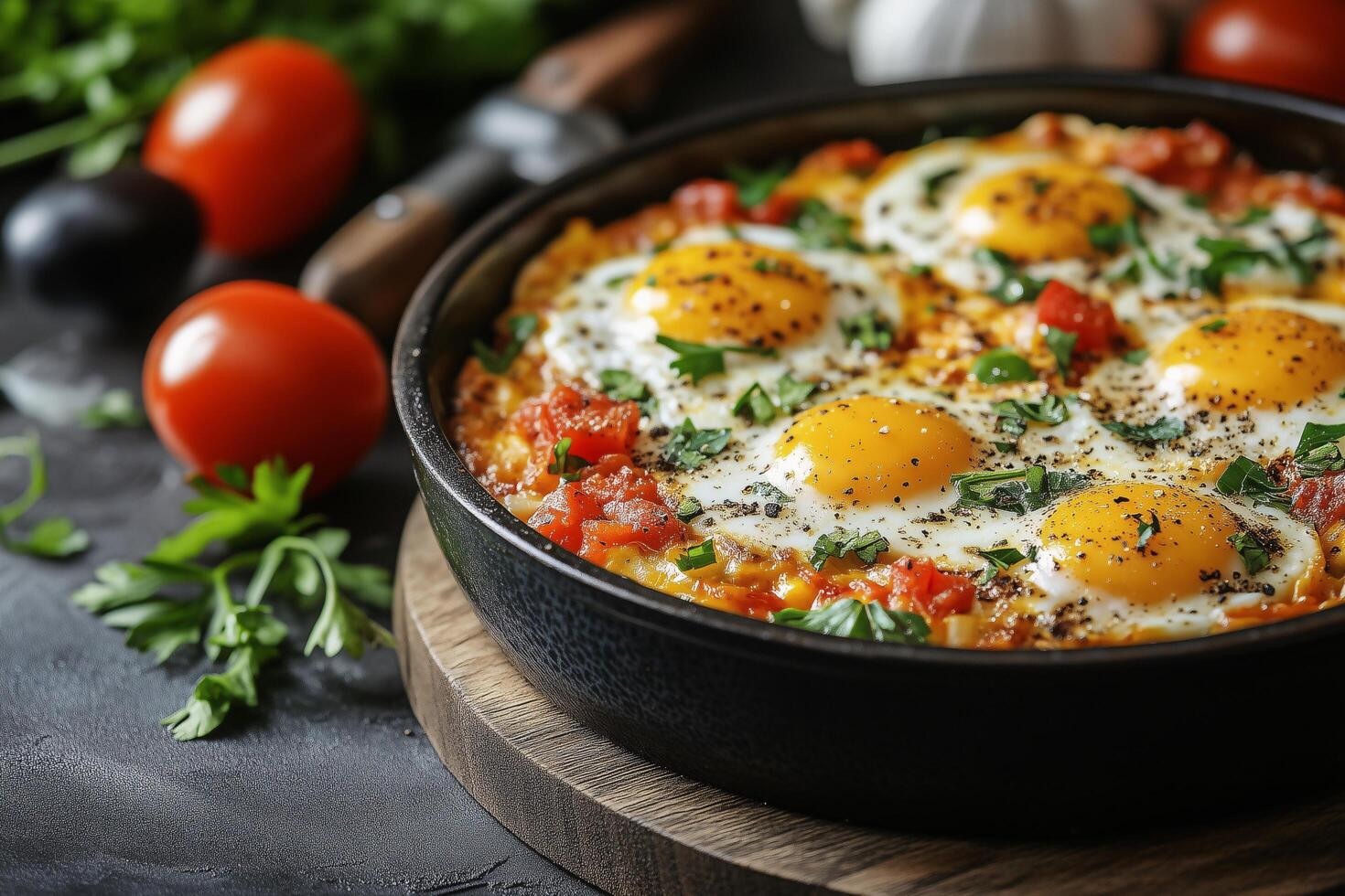 Delicious Shakshuka Recipe Eggs Baked in Spicy Tomato Sauce with Parsley Garnish photo