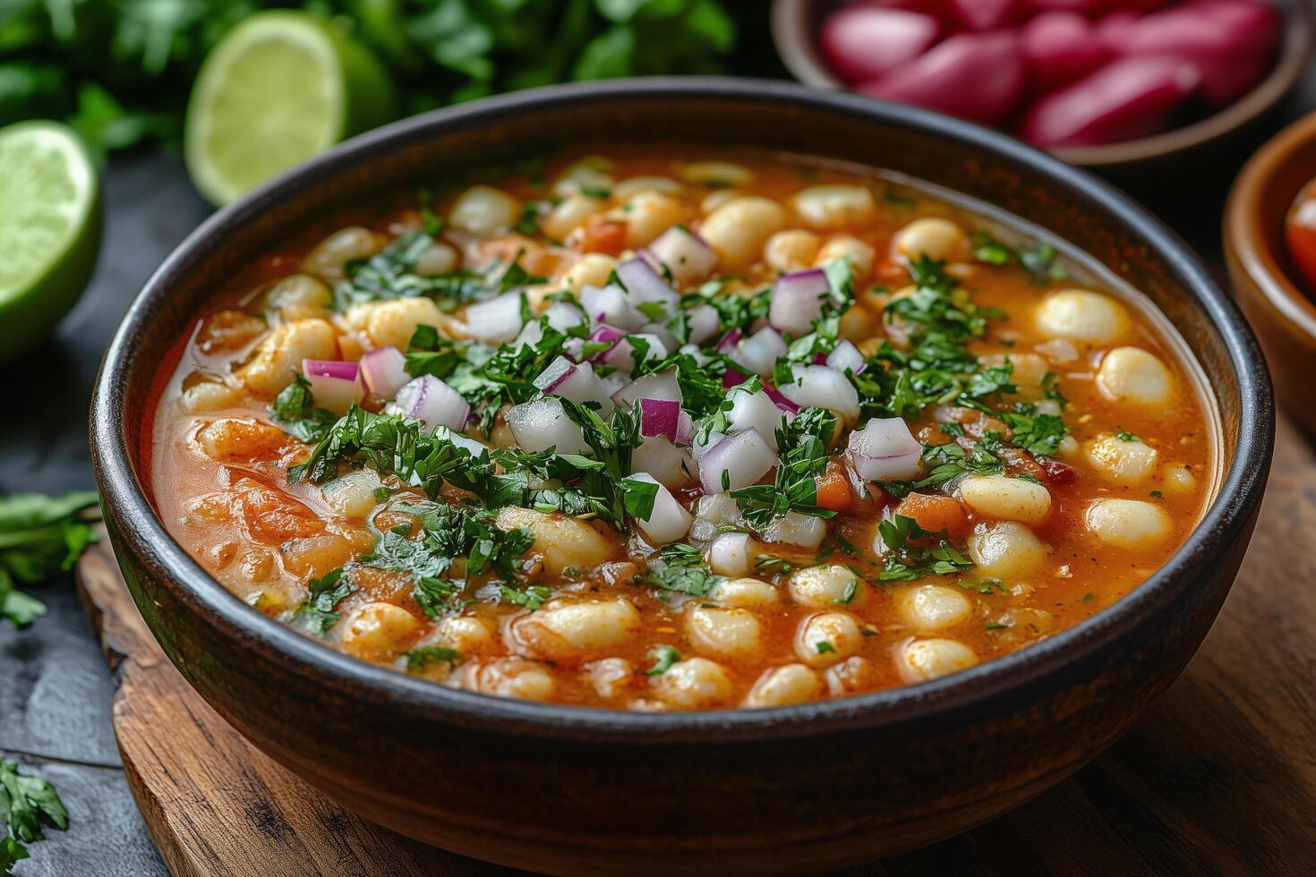 Delicious Spicy White Bean Soup with Red Onion and Parsley Garnish photo