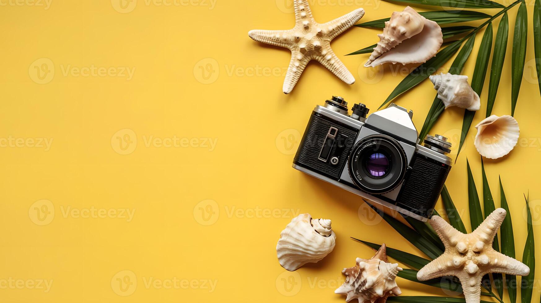 Flat lay of a vintage film camera on a vibrant yellow background, surrounded by tropical starfish, seashells, and palm leaves, minimalistic summer vacation theme photo