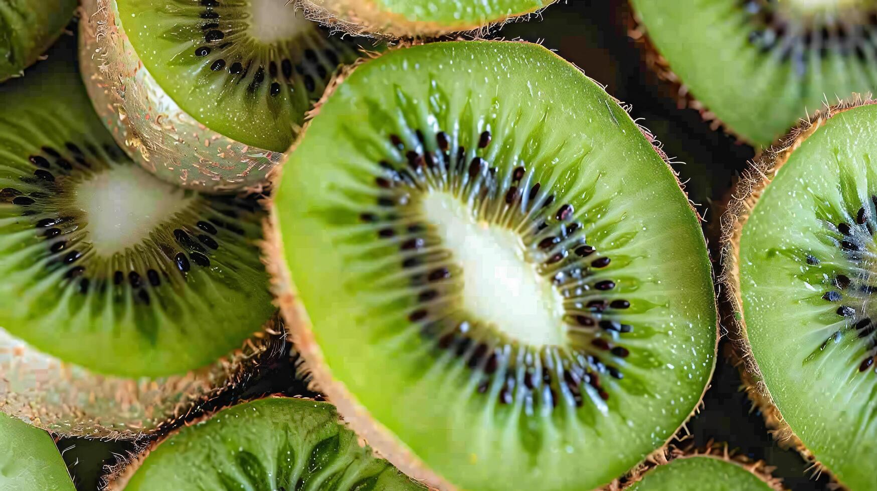 Top view pile of fresh kiwi fruit slices copy space background photo
