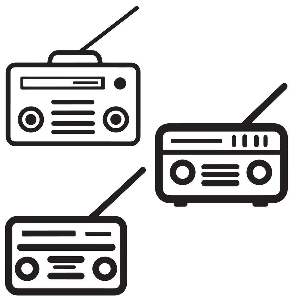 Simple black and white illustration of classic radios with antennas ideal for music broadcast communication vintage technology media and retro themed designs with a minimal style vector