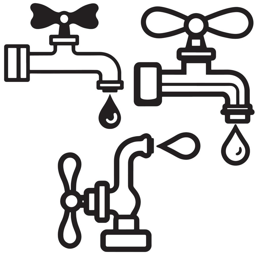 Minimalistic illustration showing water taps with drops ideal for plumbing water conservation freshwater supply saving resources and environment protection themed creative designs vector
