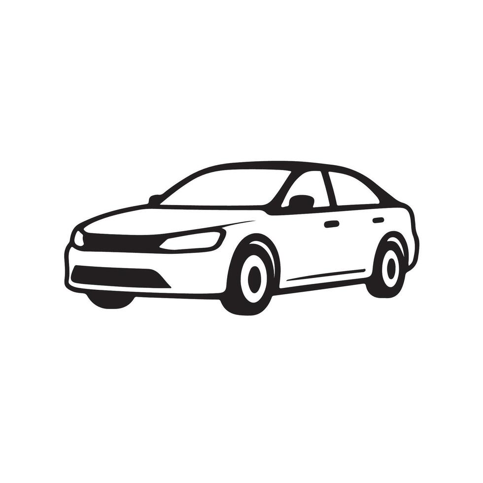 Simple black and white drawing of a modern sedan shown in side front perspective with clean lines and minimal detailing suitable for icons logos and design projects vector