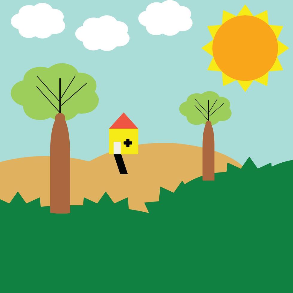 Explore a vibrant countryside landscape featuring lush trees a small house sunny skies green fields and rolling hills creating a bright and peaceful natural environment perfect for all vector