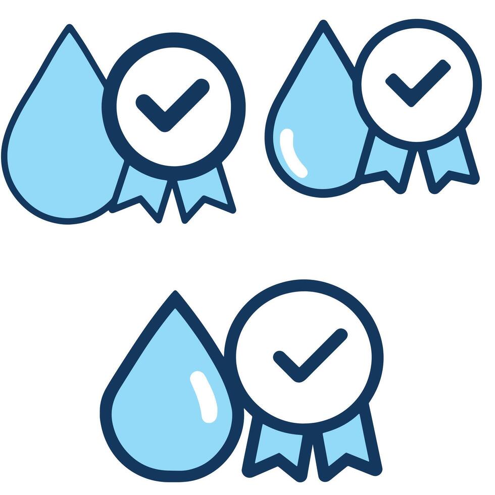 Minimalistic illustration of water drops with certification badge and checkmark ideal for water quality purity assurance sustainability hydration and clean environment themed designs vector