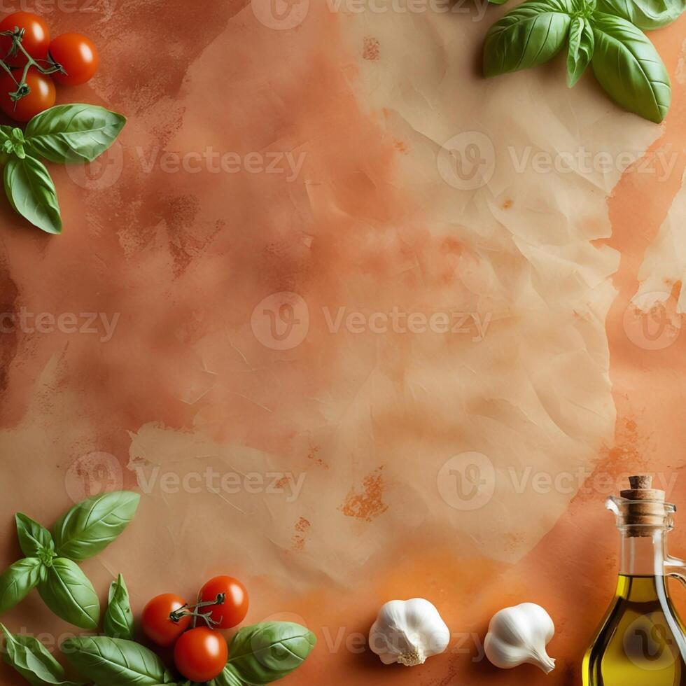 A rustic backdrop with fresh basil leaves, ripe cherry tomatoes, garlic cloves and a bottle of olive oil evokes the atmosphere of Mediterranean cuisine. photo