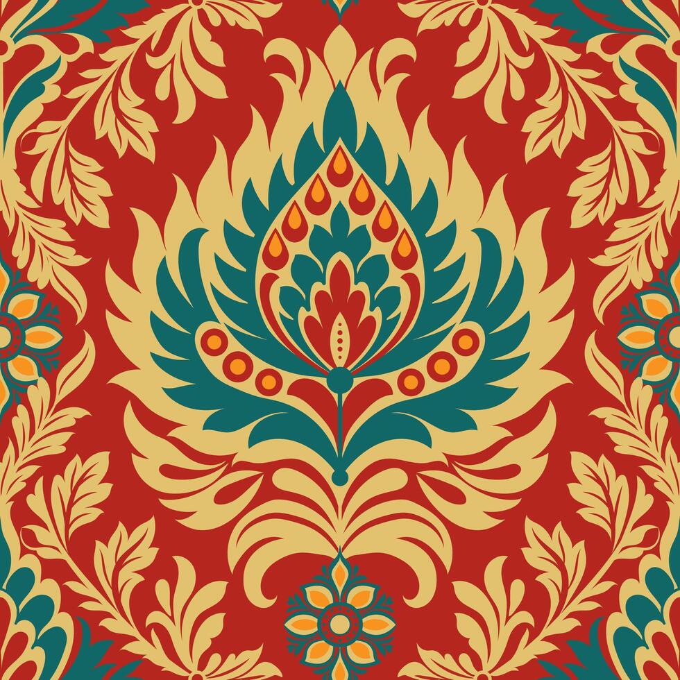 seamless damask pattern with baroque elements. Ornamental repetitive design for wallpapers, blinds, curtains, upholstery, bedding, slipcover, packaging. vector