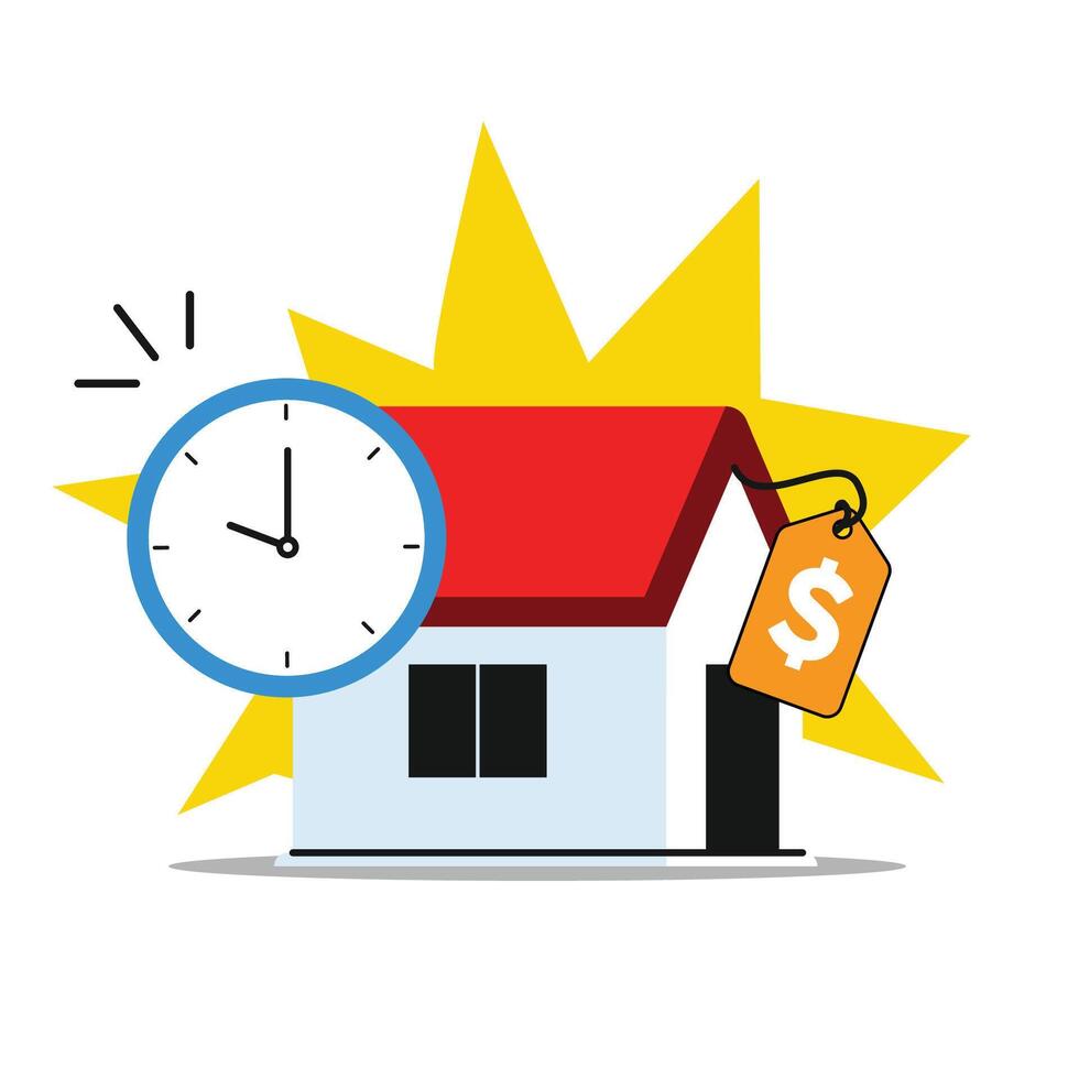 Hand hold house with tag price and clock. A close-up of a hand gently holding a tiny house with a big, bold price tag attached, on a clean white background. vector