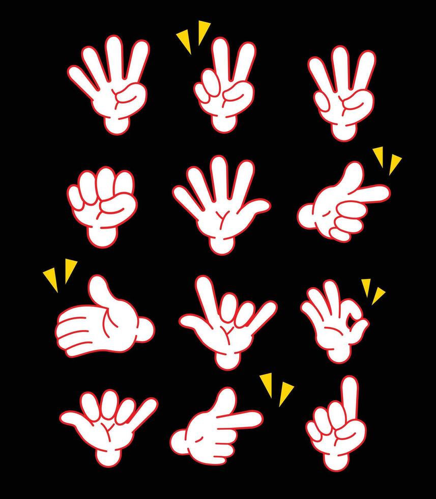 Various hand gloves cartoon in red outline and black background. Retro cartoon gloved hands gestures. Thumb up, finger count, forefinger pointing, fist and palm waving hello. eps 10 file vector