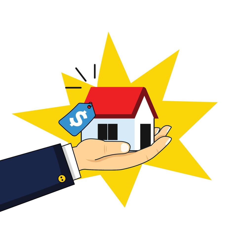 Hand hold house with tag price. A close-up of a hand gently holding a tiny house with a big, bold price tag attached, on a clean white background. vector