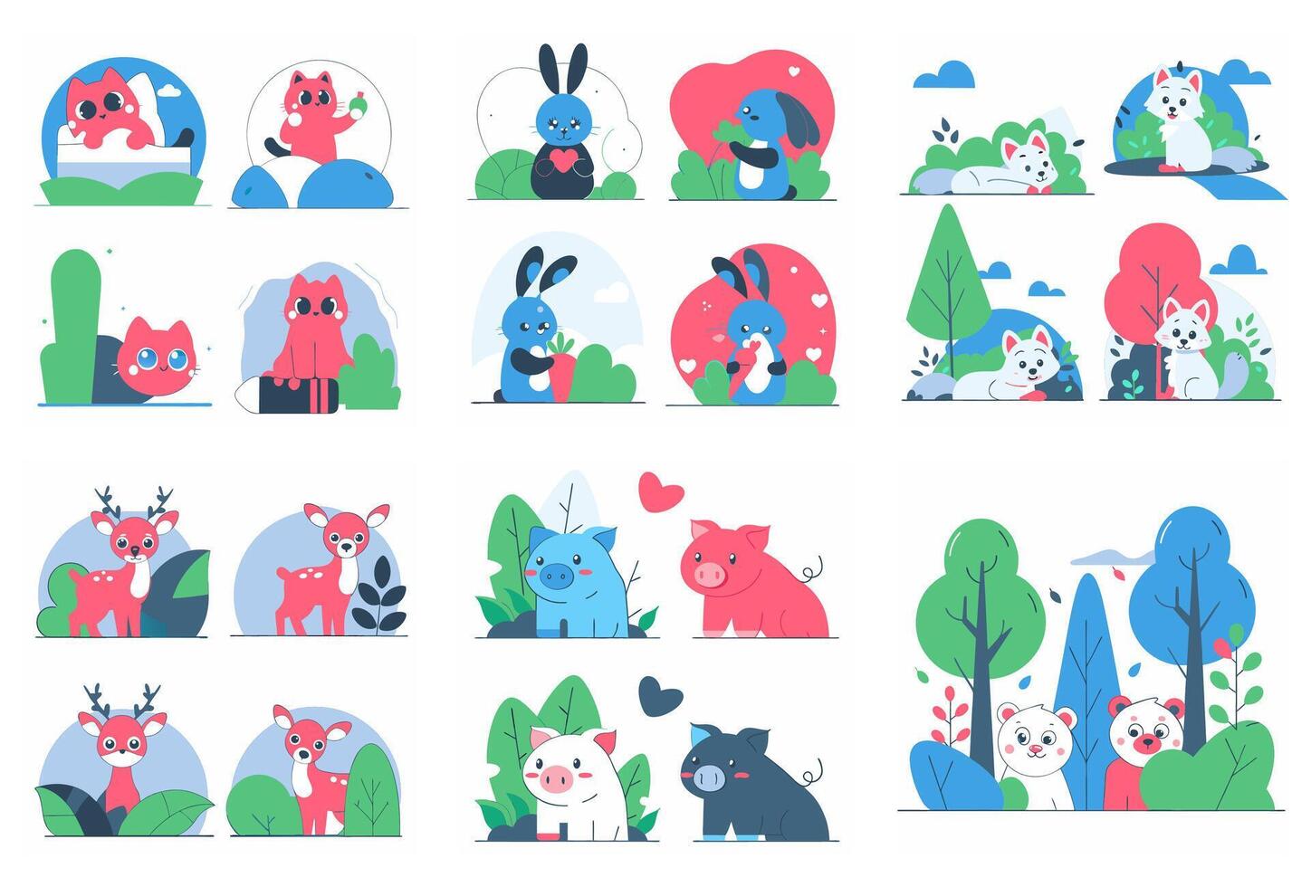 set of animals in stylized children's design. Cute roe deer, fluffy bunnies, bears, funny piglets, wolf cubs vector
