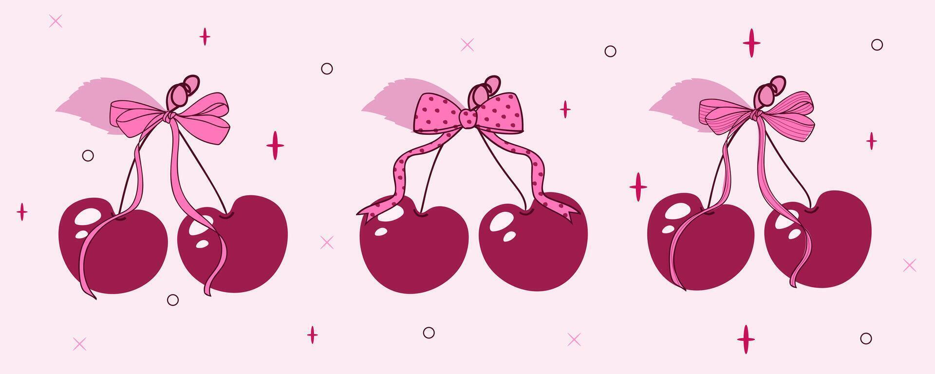 Cherries with a ribbon bow in the coquette style. vector