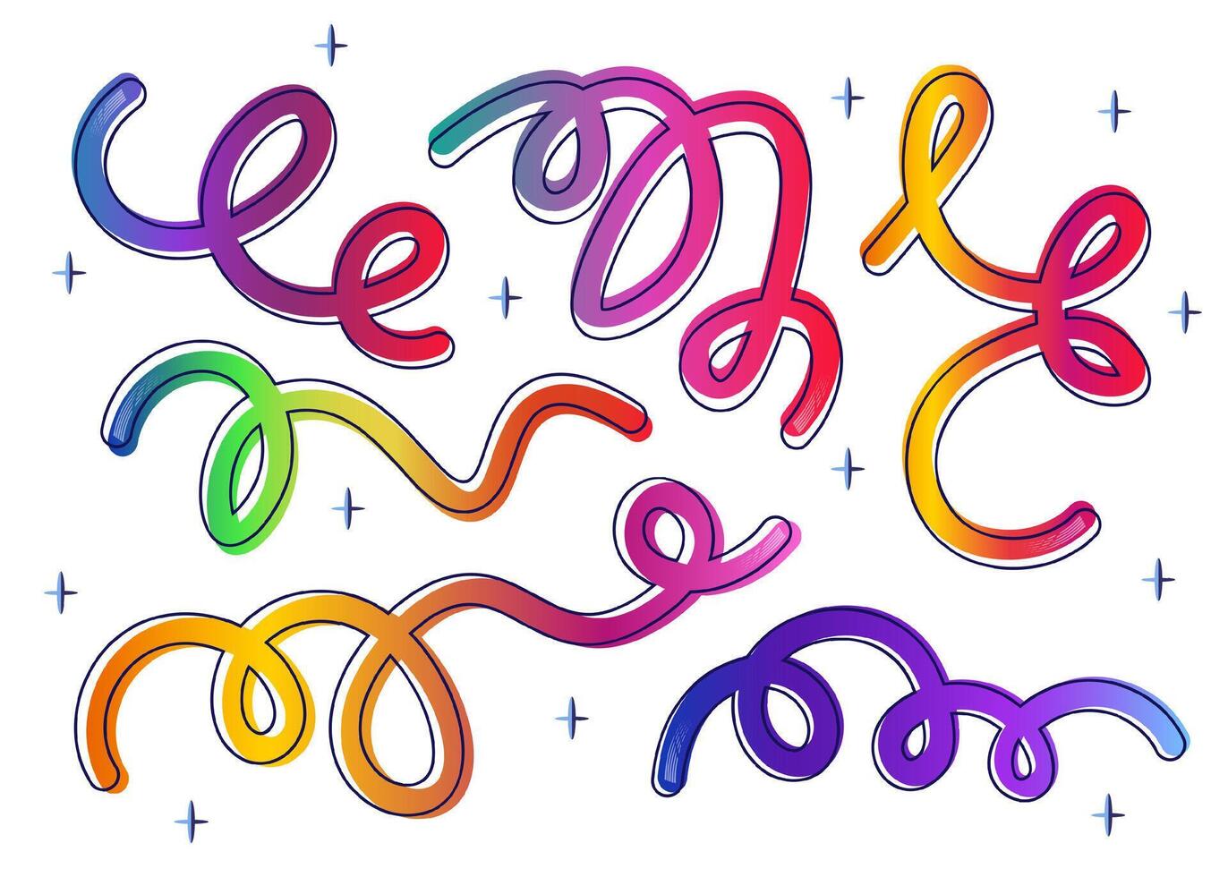 Colorful neon abstract gradient curvy line shapes. Flat illustration. vector