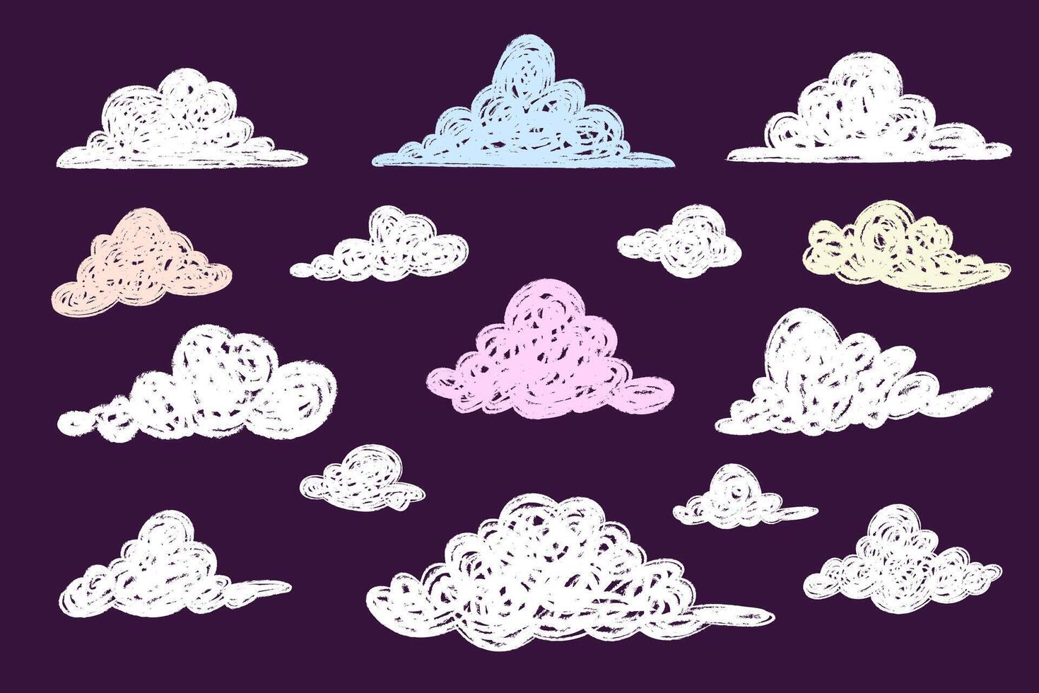 Hand-drawn crayon cloud icons. Cute childish chalk doodle clipart with pastel texture. vector