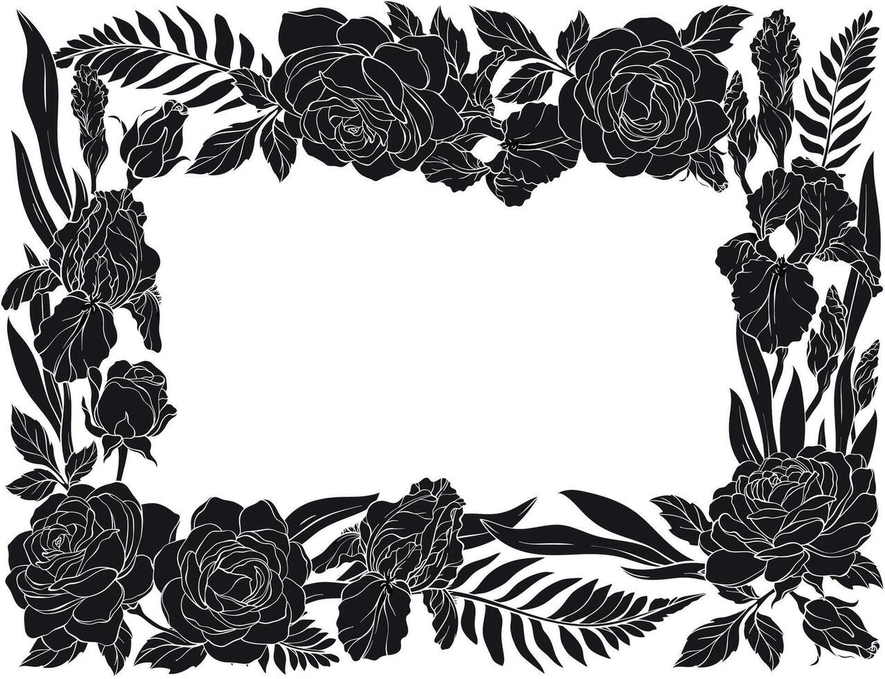 A l Black silhouette illustration of a floral frame of roses, irises, and leaves, arranged around a white background vector