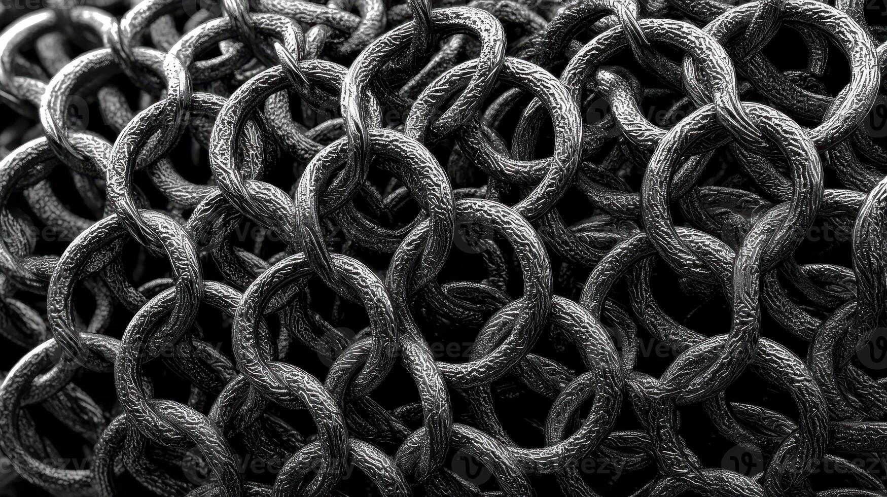 Interlocking steel rings of chain create a complex pattern and texture in a close-up view photo