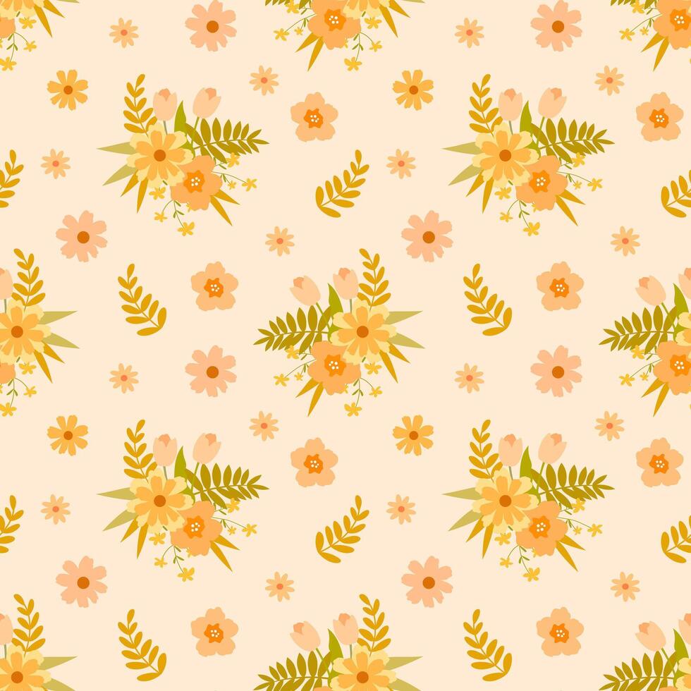 Seamless floral pattern in warm pastel colours with tulips, daisies, twigs and decorative leaves. Ideal for packaging, textiles, cards and invitations vector