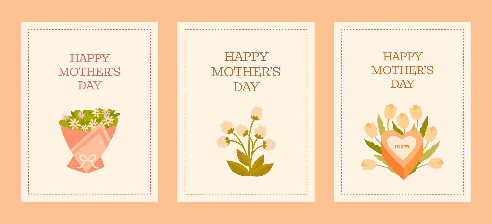 Delicate Mother's Day cards with floral arrangements in warm pastel colors. Three separate designs with the inscription - Happy Mother's Day. Ideal for print and digital use. vector