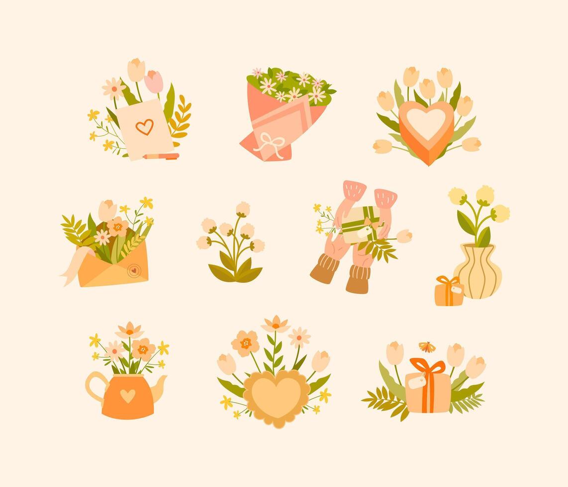 Set of spring floral elements in warm pastel colors - bouquets, vases with flowers, gifts, teapot, envelope. Ideal for designing greeting cards, posters, invitation. vector