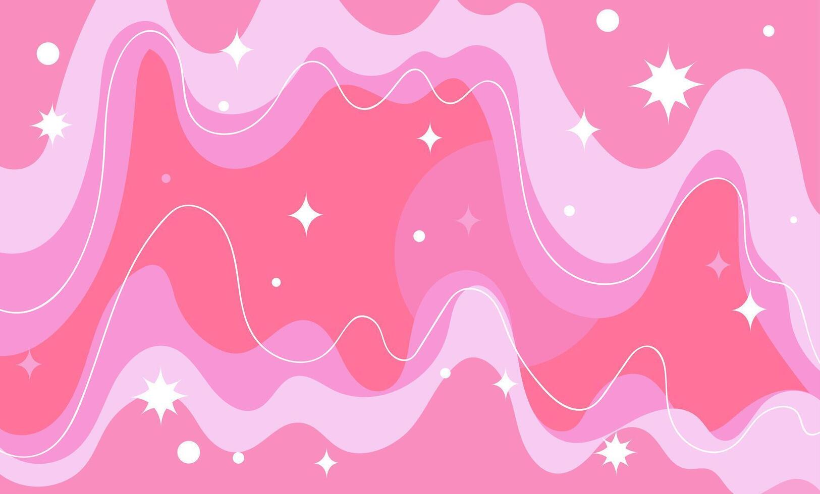 Abstract pink background with wavy lines, shining stars and circles. Stylish modern design in bright colors. Ideal for posters, invitations, packaging, covers vector