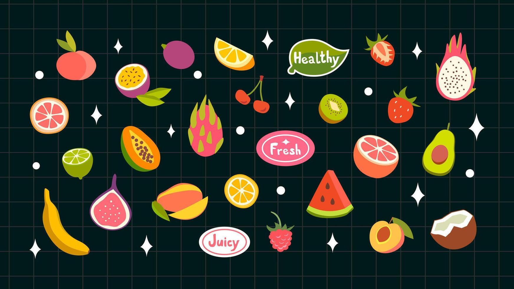 A bright set of different fruits and berries on a dark background with a grid and stars. Dragon fruit, mango, papaya, peach, cherry, fig, passion fruit vector