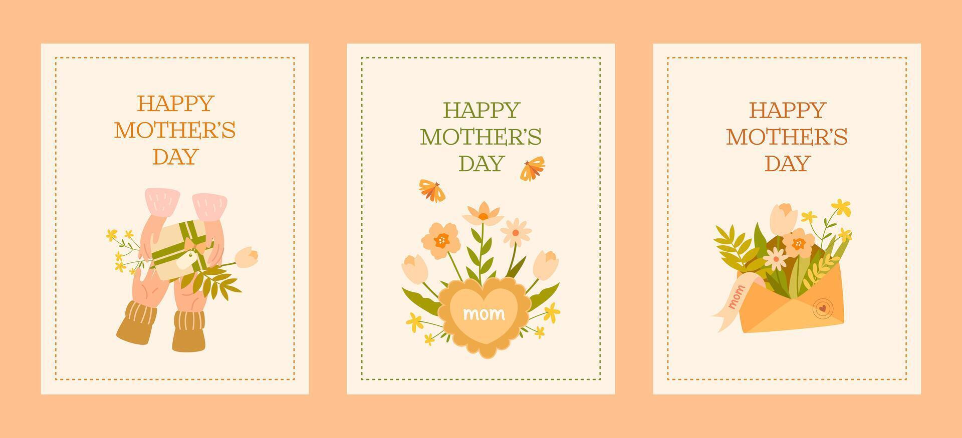 Delicate Mother's Day cards with floral arrangements in warm pastel colors. Separate designs with the inscription. Ideal for print and digital use. vector
