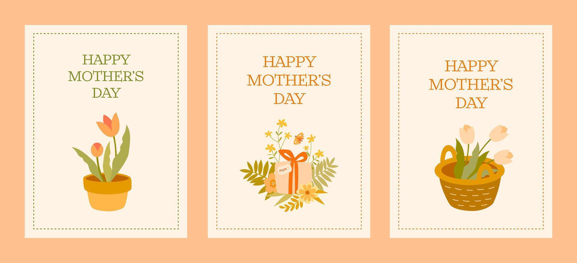 A delicate Mother's Day card with floral arrangements in warm pastel colors. Three separate designs with the words. Ideal for print and digital use. vector