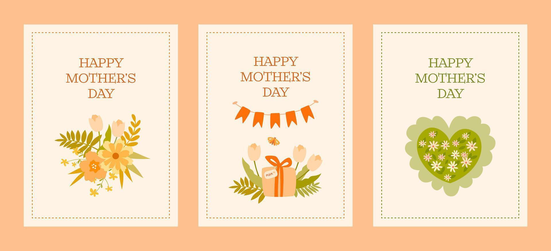 Happy Mother's Day. Delicate Mother's Day cards with floral arrangements in warm pastel colors. Three separate designs with the inscription. Ideal for print and digital use. vector