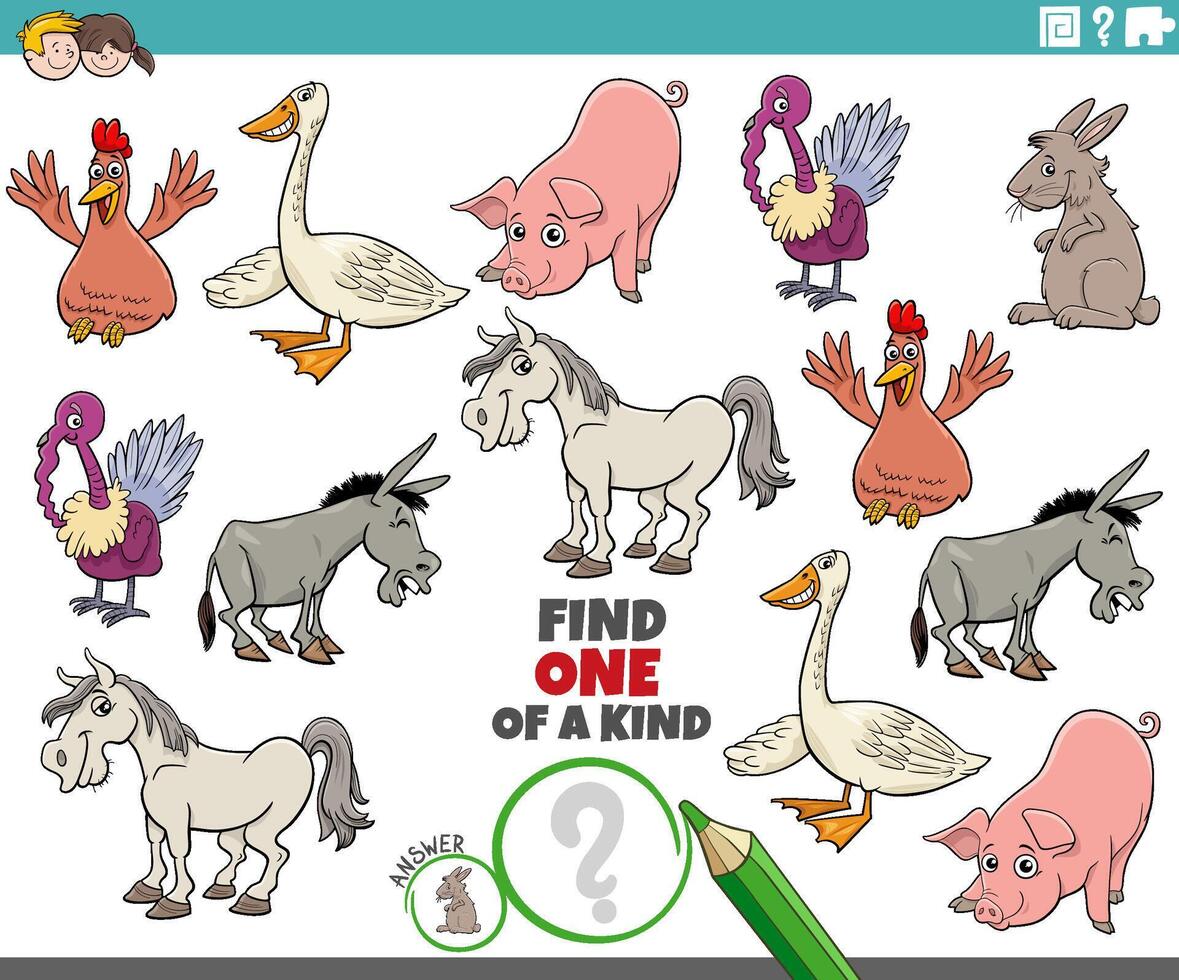one of a kind puzzle with cartoon farm animal characters vector