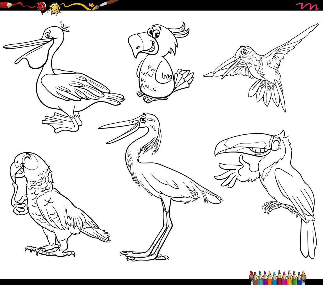 funny cartoon birds animal characters set coloring page vector