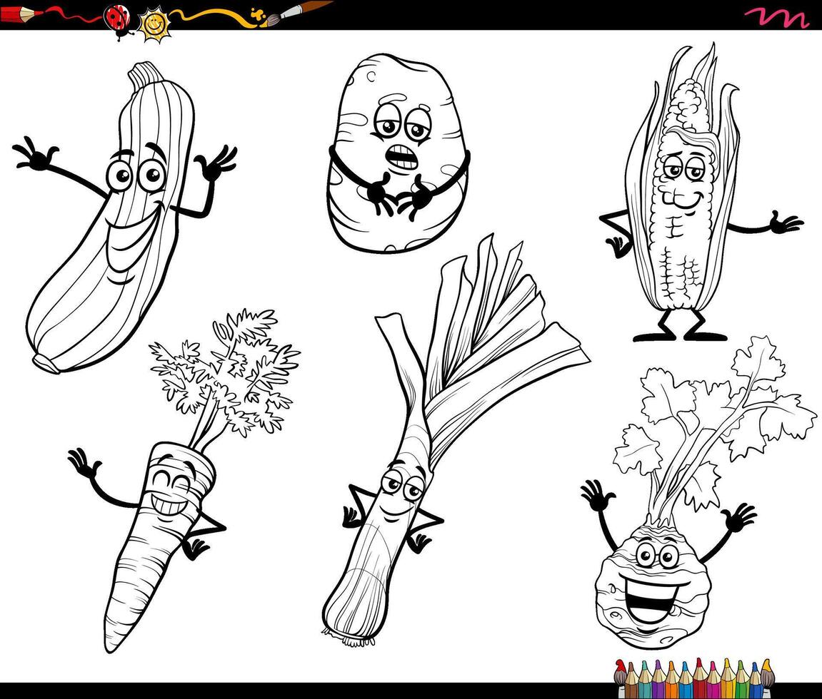 cartoon vegetables food objects characters collection coloring page vector