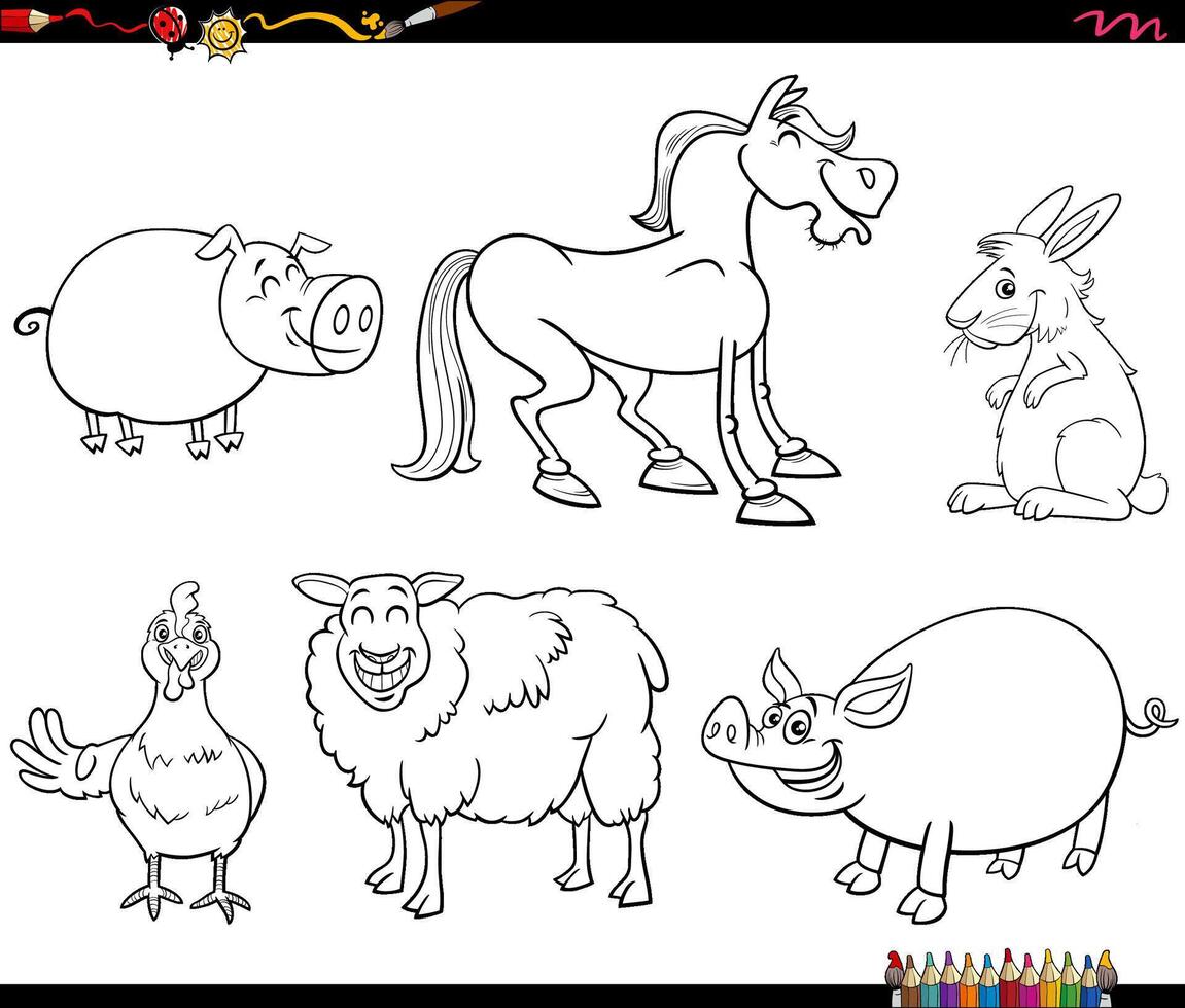 happy cartoon farm animals characters collection coloring page vector