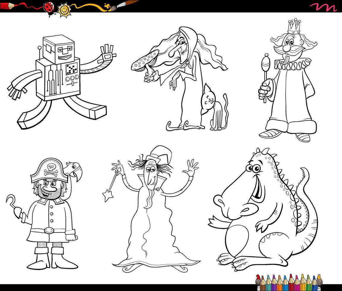 funny cartoon fantasy and fairy tale characters set coloring page vector