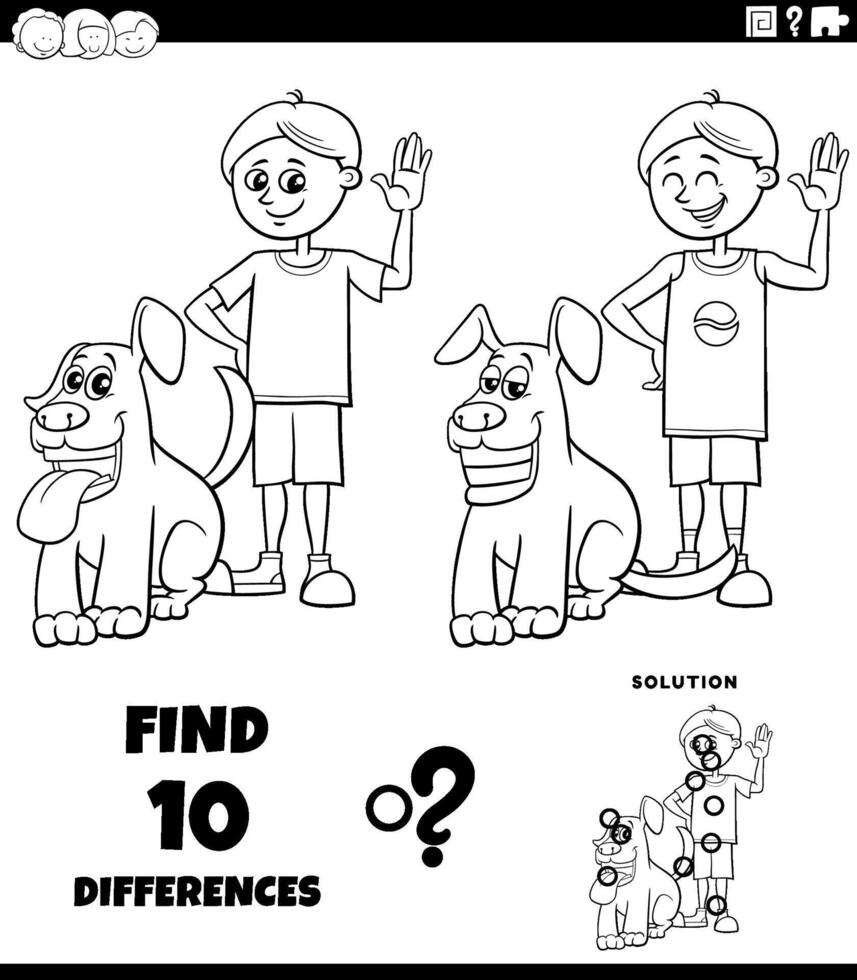 differences puzzle with happy cartoon boy and his dog coloring page vector