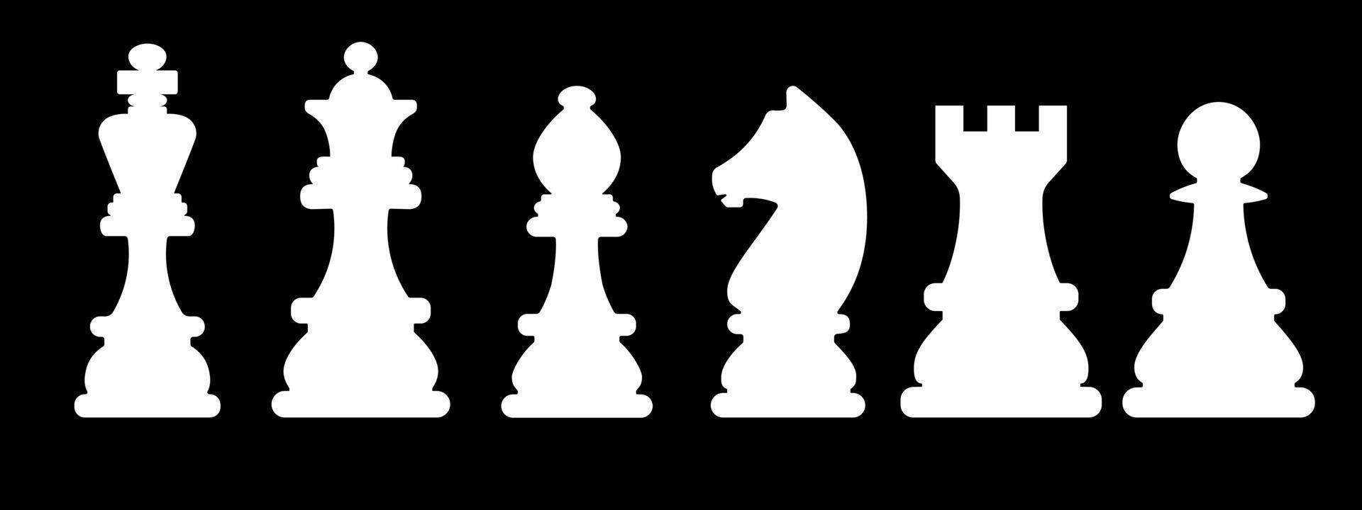 Chess pieces including king, queen, rook, knight, bishop, pawn isolated on black background vector