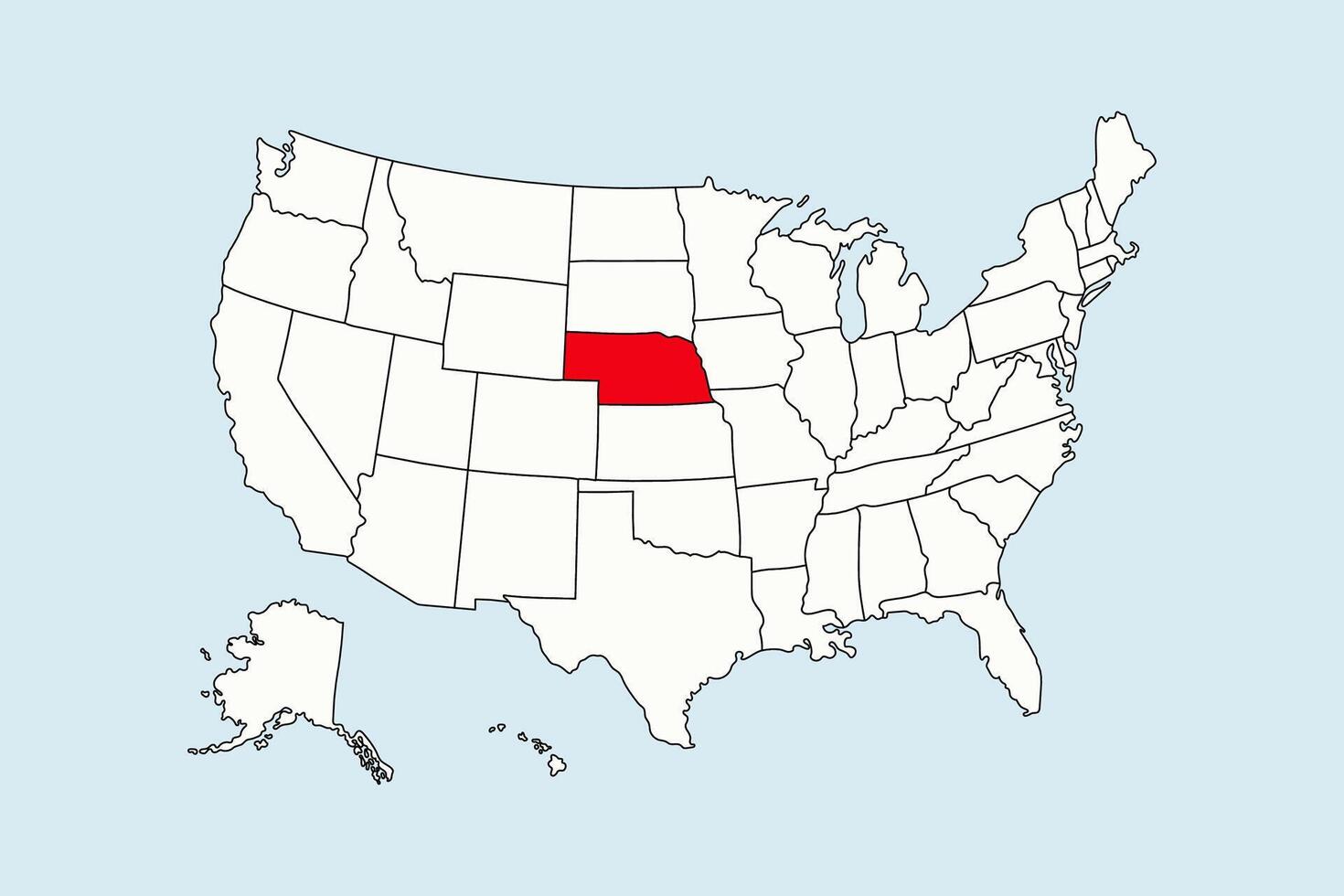 Nebraska highlighted in USA map isolated on blue background vector