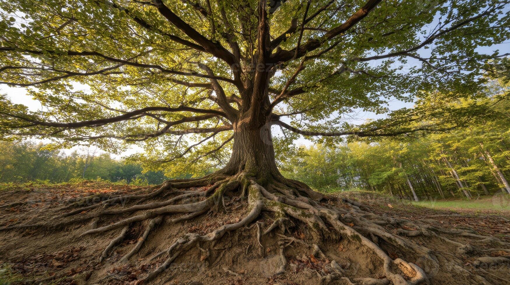 Majestic tree with deep roots and lush foliage stands strong in a serene forest during golden hour photo