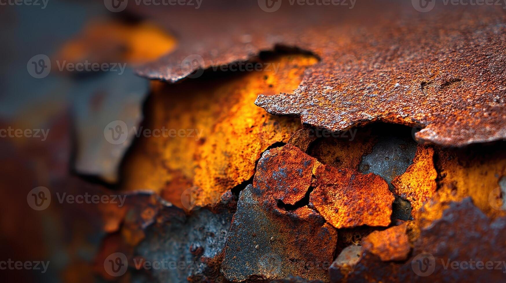 Detailed extreme macro shot capturing the intricate textures and colors of heavily rusted metal surface photo