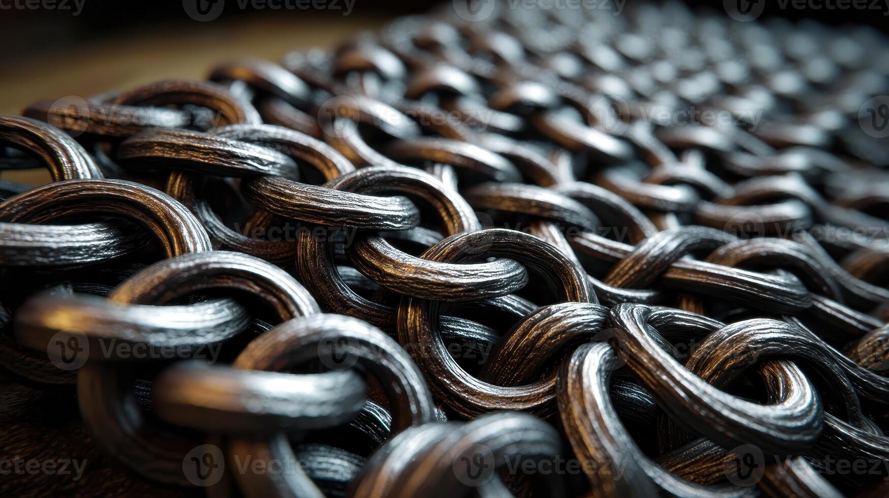 Interlocking steel rings of chain create a textured pattern on a close-up view of the surface photo